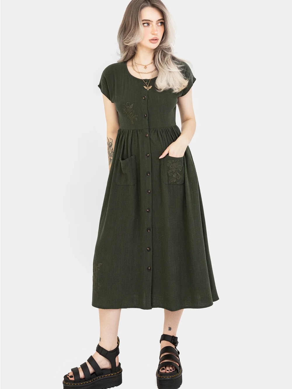 Disturbia Olive Green Button-Front Midi Dress - Picture 2 of 9